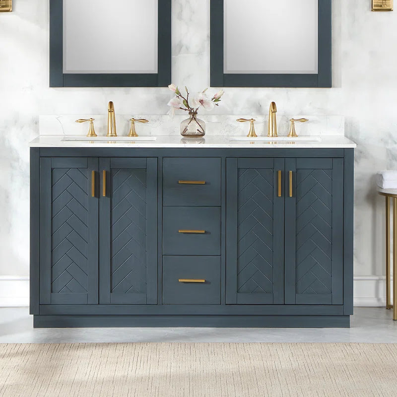 Fairbury 60" Double Bathroom Vanity Set In Classic Blue White Composite Stone Countertop Without Mirror