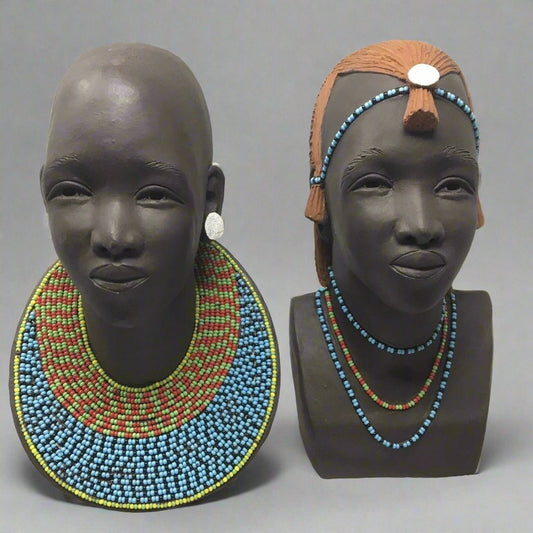 Pair African Massai Girl And Moran / Elder Handmade Clay Bust Sculpture Beaded