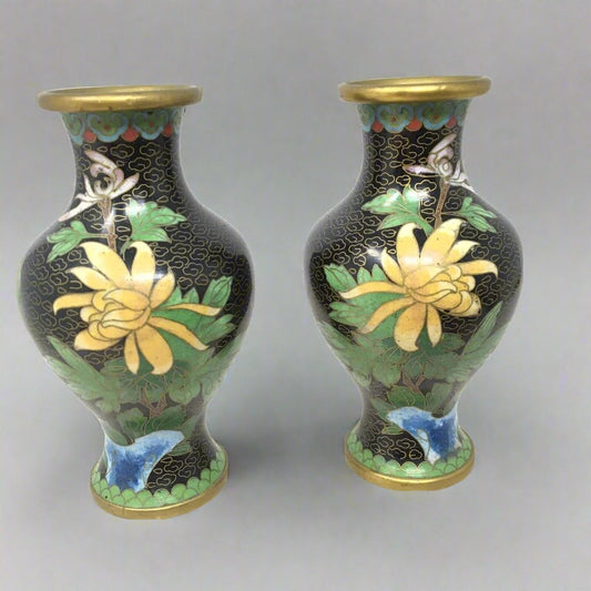 Pair Of 5.5” Chinese Hand Painted  Cloisonné Vases Urn With Floral Lotus Design